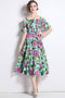 Runway Fashion Alluring Green Bellflower Print, Slash Neck, Elastic Waist, Ruffled Cocktail, Party Midi Dress